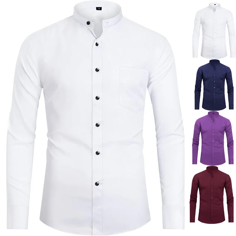 

Amazon Best Seller Men's Stand Collar Stretch Shirt Long Sleeve Solid Color Non Iron Formal Shirt Custom Made