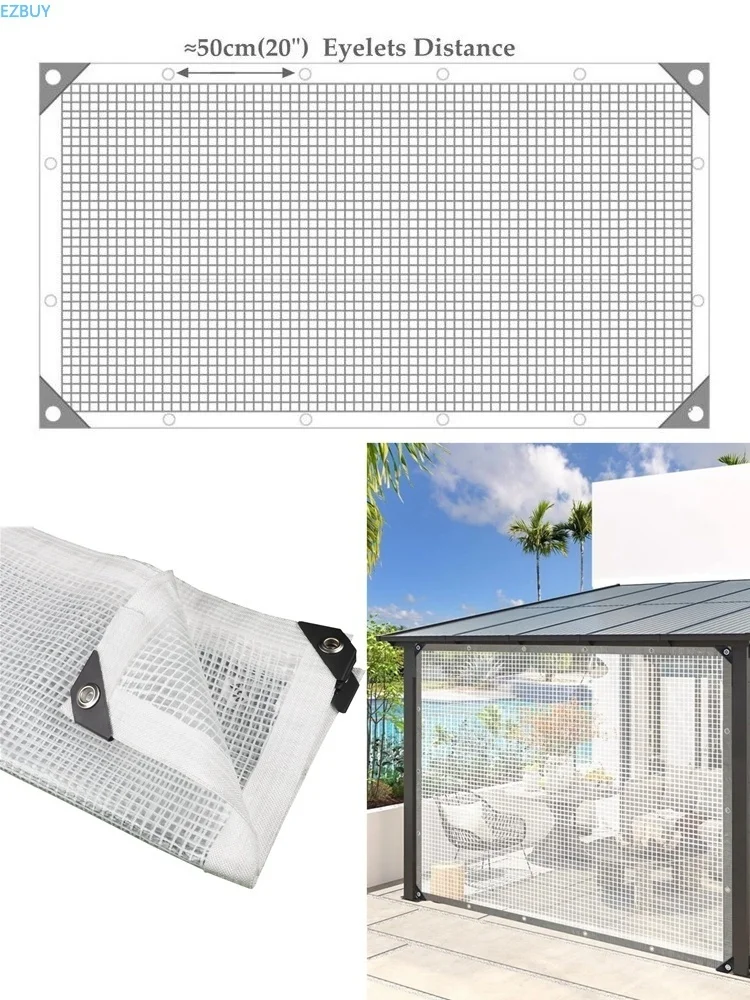 0.35mm Transparent Mesh Reinforced PE Tarpaulin Rainproof Cloth Plants Cover Terrace Balcony Canopy Awnings Tarp