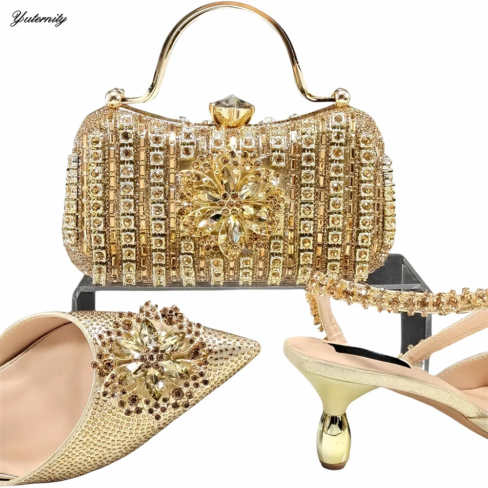 

Лидер продаж, итальянские женские сандалии на высоком каблуке и сумка, комплект африканских женских туфель из искусственной кожи с кристаллами, туфли-лодочки и сумка для вечеринки