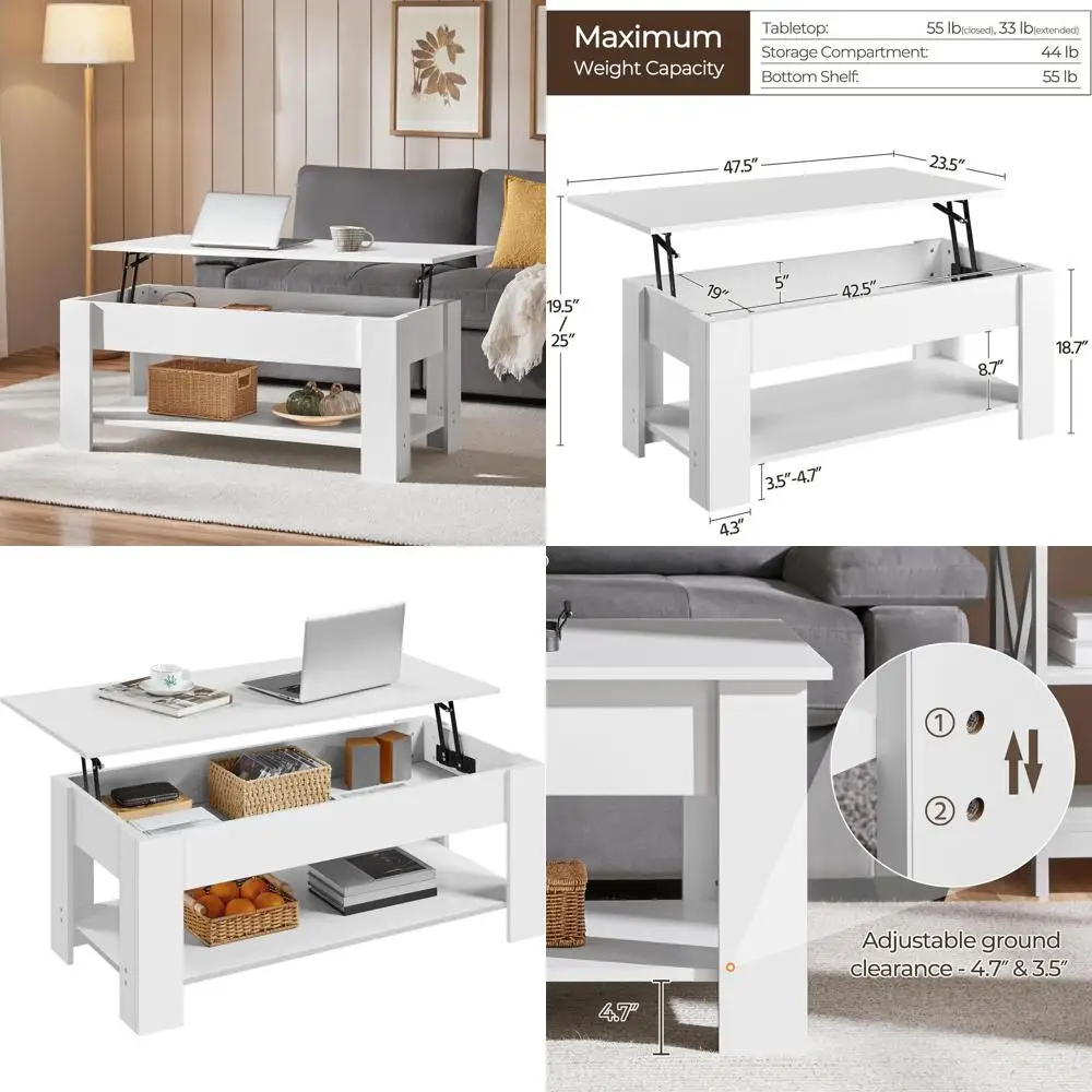 

Modern Coffee Table with Concealed Compartment and Storage Shelf, Suitable for Dining or Living Room, 47.5 Length, White