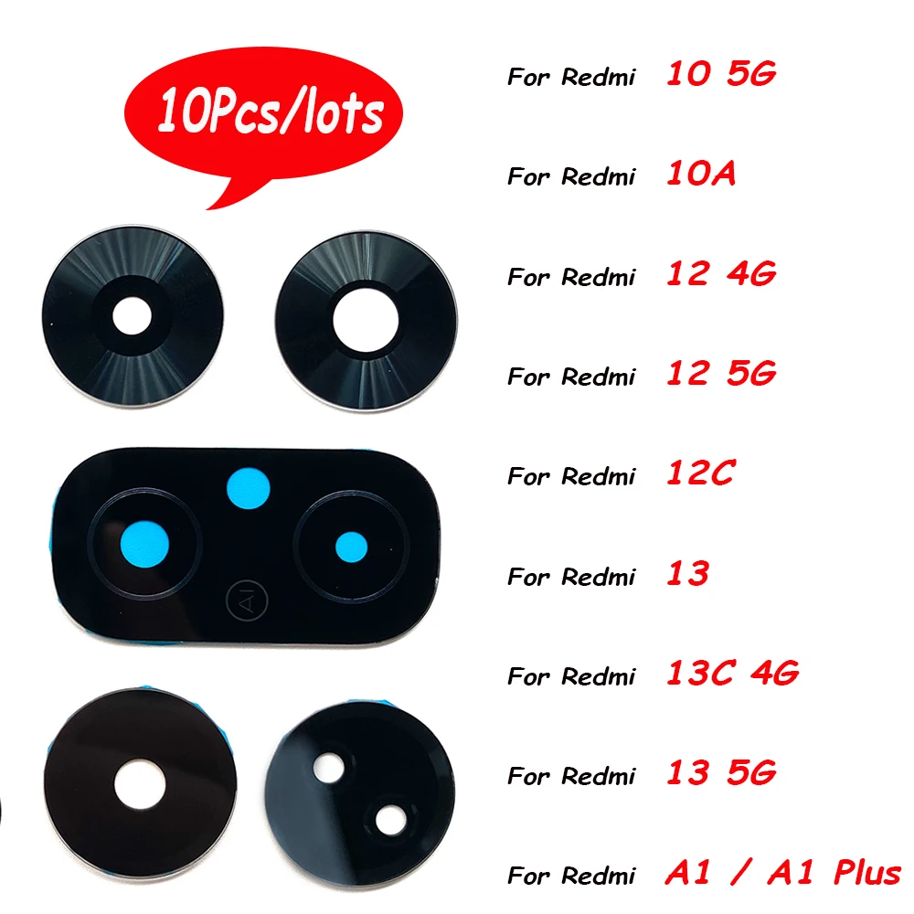 

10Pcs，Camera Glass Lens With Glue For Redmi 13C 13 A1 A2 A3 10 5G 10A 12 4G 5G 12C 12 Lite Back Rear Lens Repair Parts