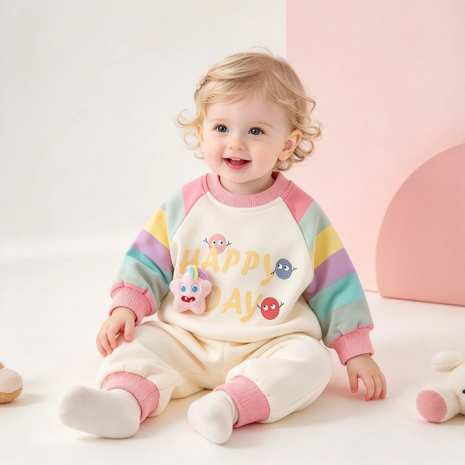 Niedliches Stern-Ornament-Outfit für Babymädchen, Regenbogenfarbenes Sweatshirt mit Farbblock-Ärmeln + lockere Jogginghose, 2-teiliges Set, Freizeitkleidung für Neugeborene und Kleinkinder – Detail 5