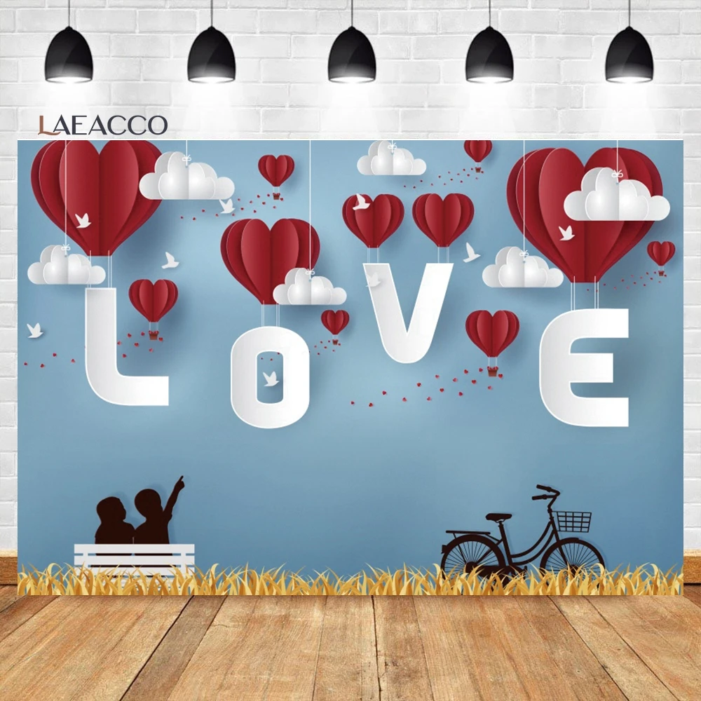 

Laeacco Sweet Love Heart Hot Air Balloon Cloud Background Valentines Day Wedding Anniversary Lover Portrait Photography Backdrop