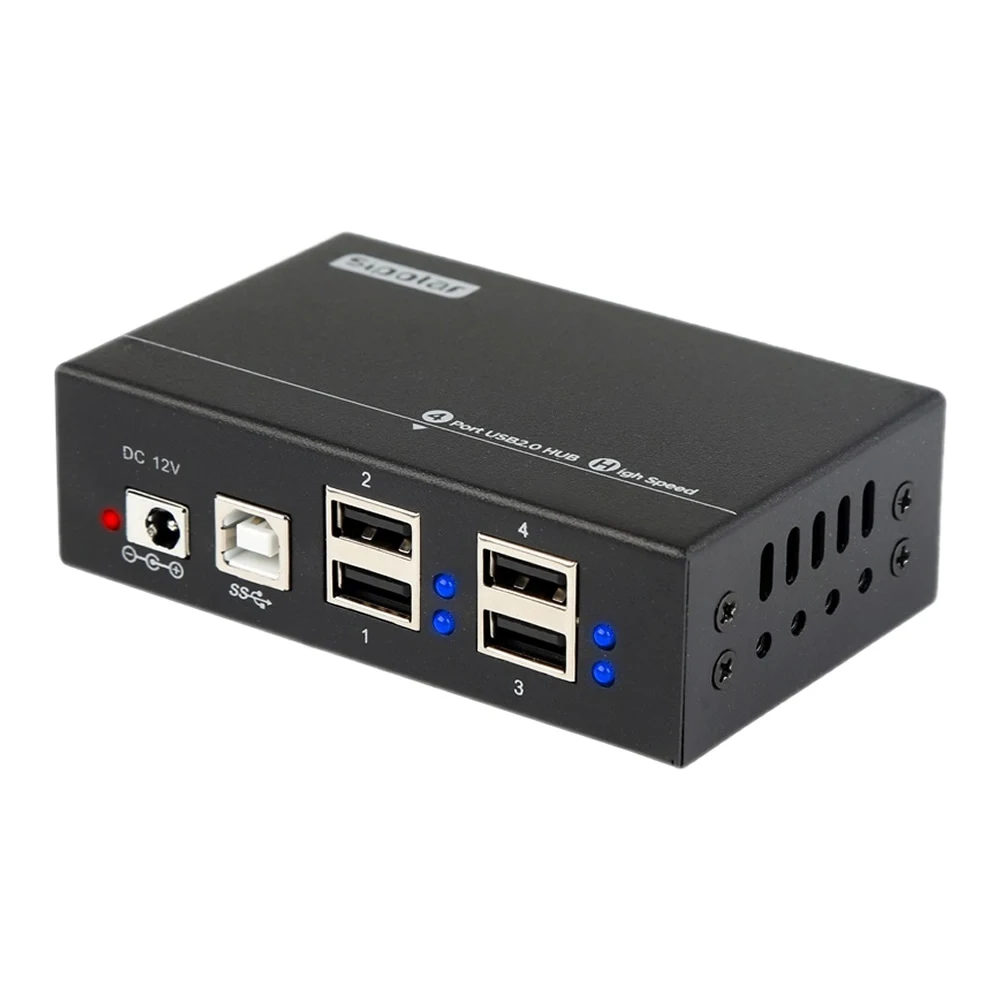 Sipolar A-142 4 Ports Mini USB2.0 Industrial Metal Hub with Power Adapter LED Indicator Mounting Bracket for PC Laptop