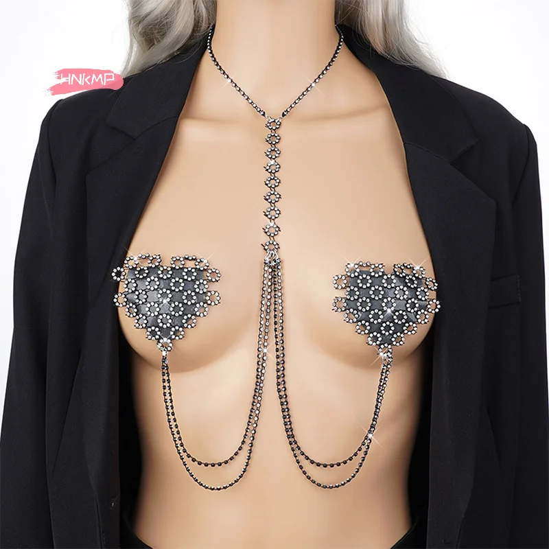 مثير حجر الراين الزخرفية فطائر اللحم مع المختنق طوق الجسم سلسلة ذاتية اللصق قابلة لإعادة الاستخدام المرأة الحلمة غطاء ملصقات #2