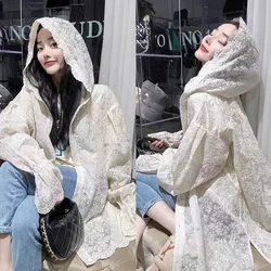 Summer White Lace Jacket Women Casual Solid Color Coat Holiday Cardigan Lace Embroidery Hooded Sunscreen Clothing Ladies Elegant