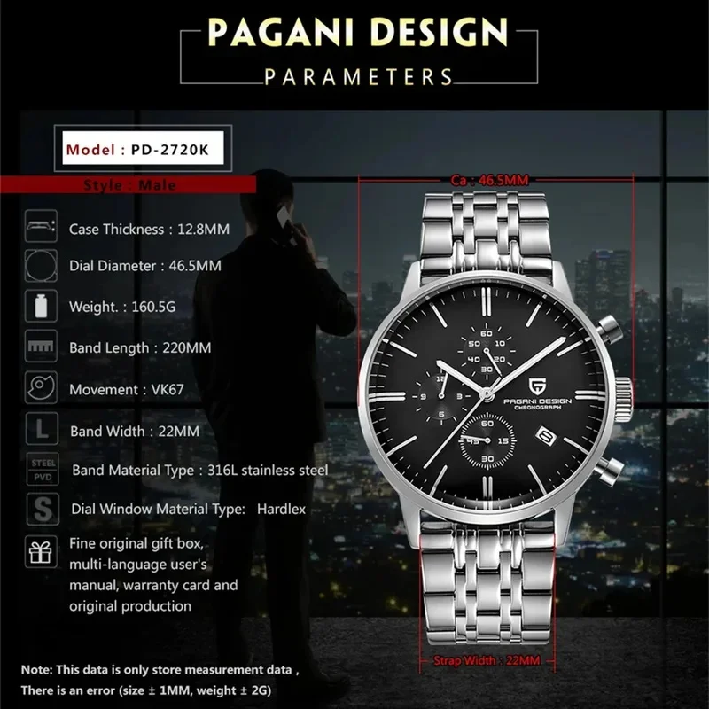 Pagani Design Men's Chronograph Watch Movt Waterproof Multifunctional Business Sports Quartz Watch Relogio Masculino