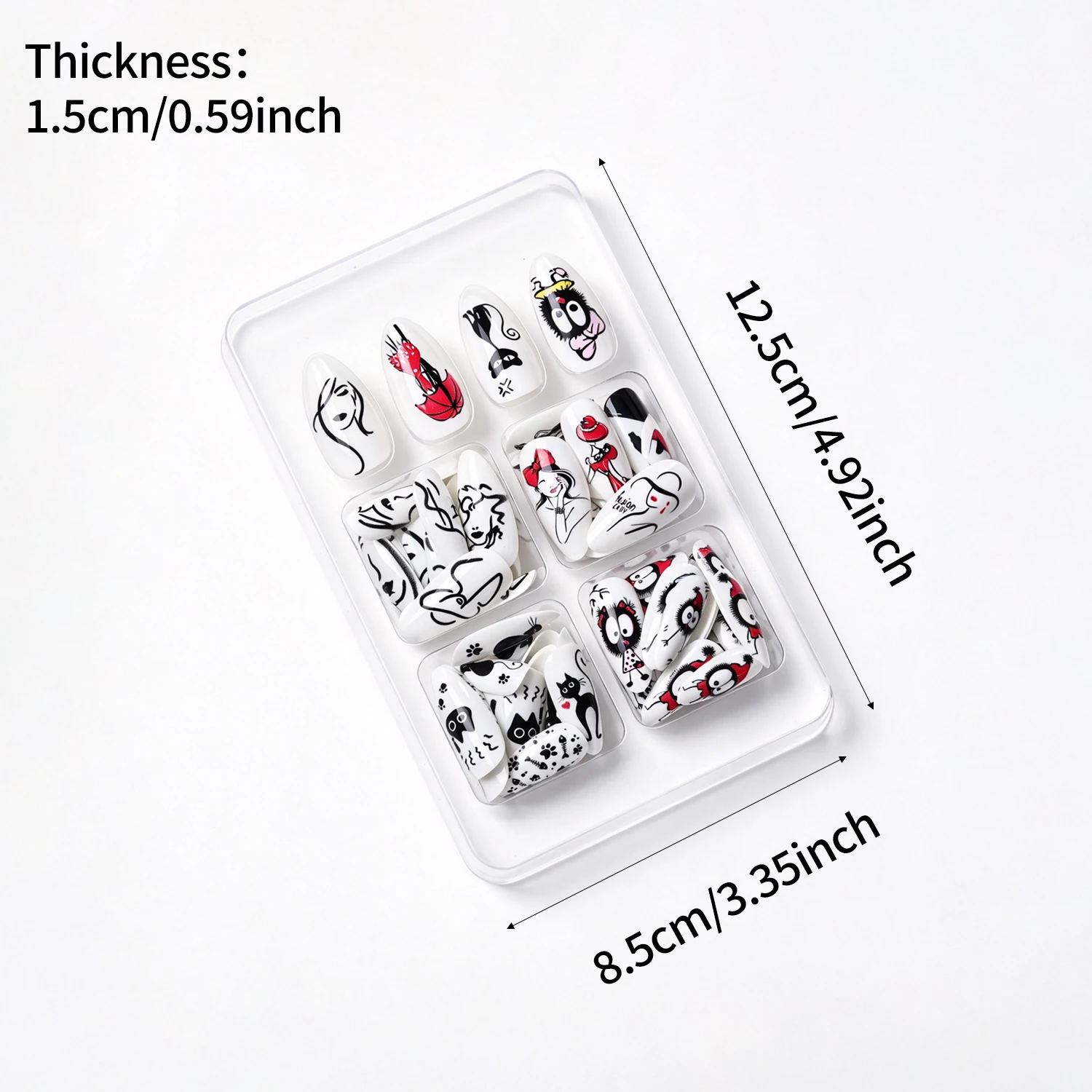 1box White Base Cartoon Pattern Almond Press On Nails Black Cat Modern Girl Sprite Fake Nails Funny Abstract Lines False Nails view 4