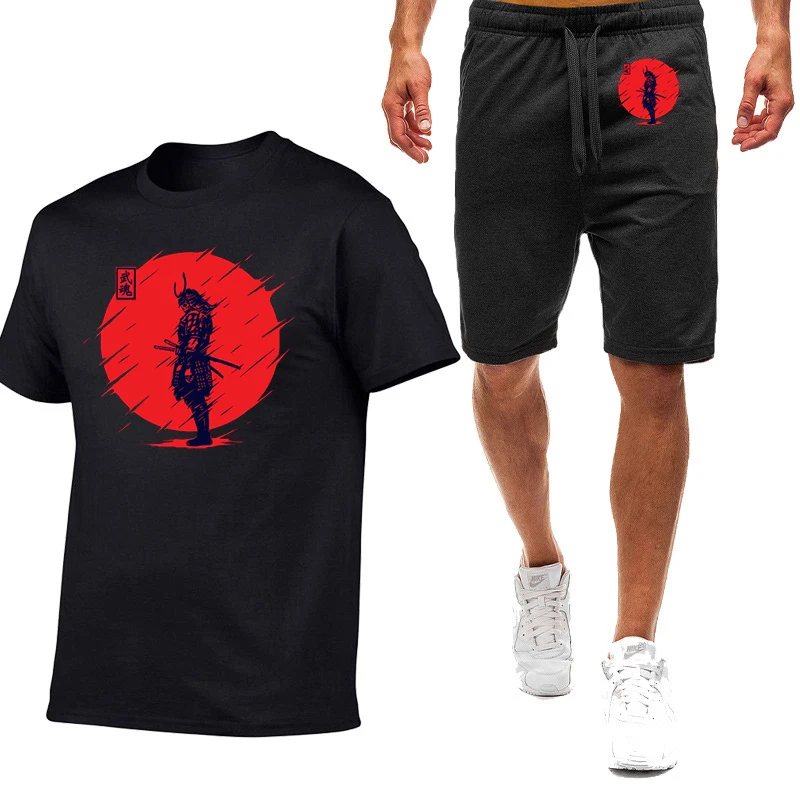 2025 Summer Men's Japan Samurai Spirit Logo Print Fashion Round Neck Cotton T-Shirt+Trendy Sports Shorts Solid Color Simple Sets