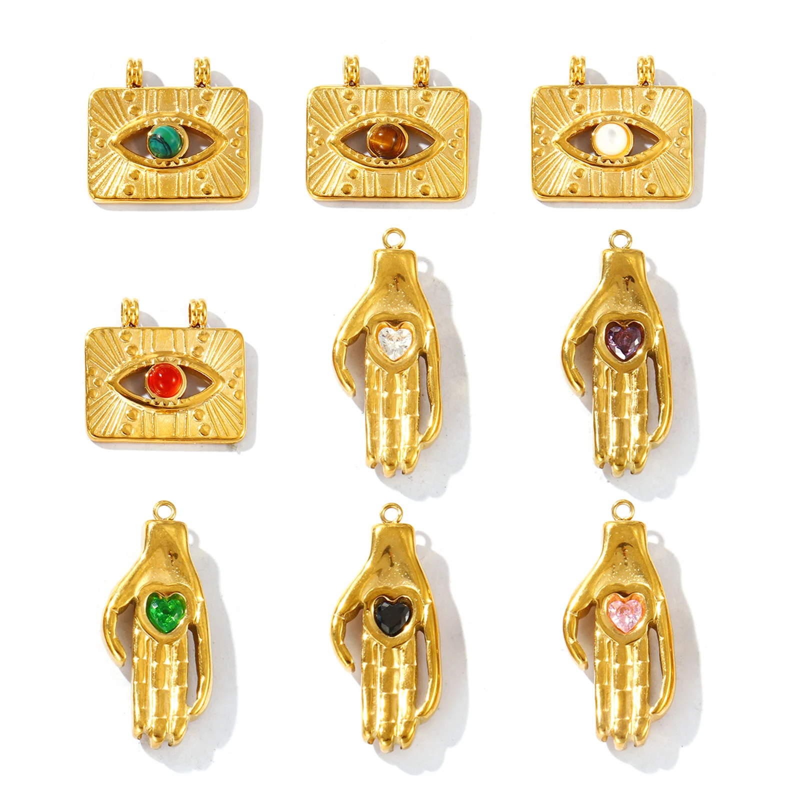 1 Piece 304 Stainless Steel 18K Gold Plated Natural Stone Rhinestone Palm Shaped Eye Rectangle Pendant For Necklace DIY Making