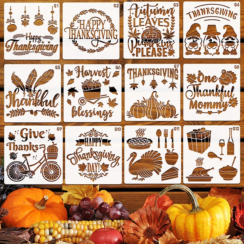 12 Pieces Thanksgiving Day Stencil, for Painting on Wood And DIY Art Craft Home Decor Maple Leaves Pumpkin Wreath Stencils