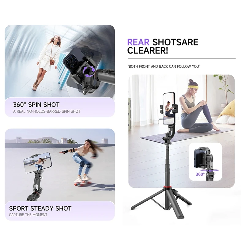 AI Face Tracking Handheld Gimbal Stabiliser 360° Photography Magnetic Remote Selfie Stick Tripod Smartphone 1/4In Screw-ELEC