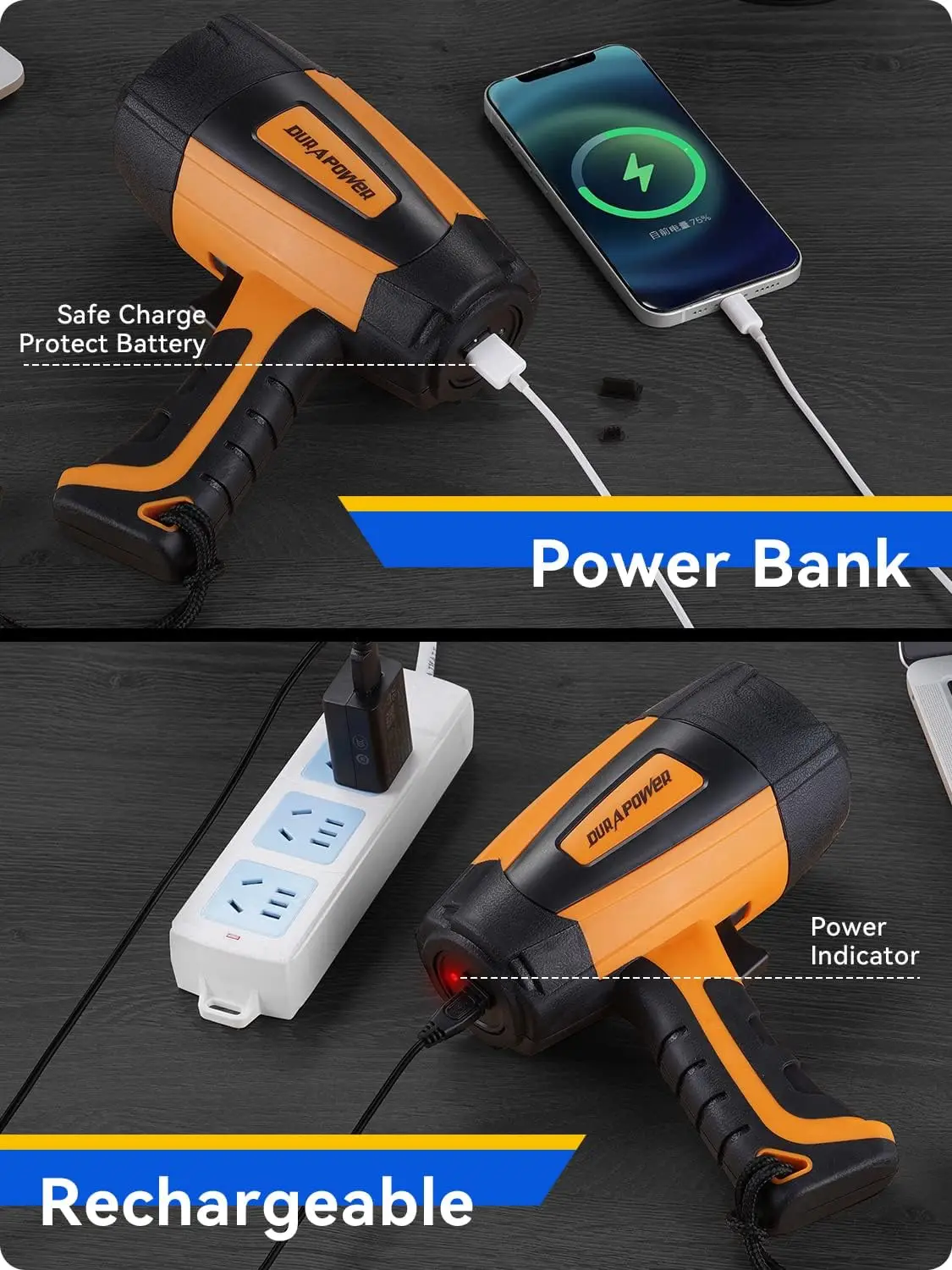 كشاف LED قابل لإعادة الشحن بقوة 500 لومن، مصباح يدوي مقاوم للماء IPX2 للاستخدام الداخلي والخارجي - برتقالي