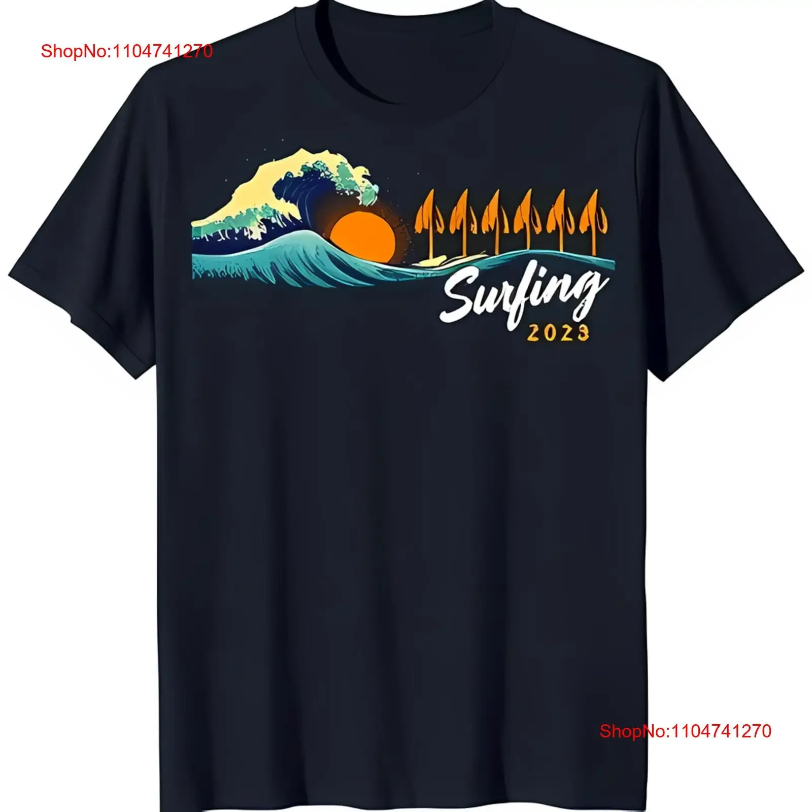 

Винтажная черная футболка с закатом Ocean Wave 'Surfing 2023' Text винтажная стираная дышащая графика Повседневная растянутая слегка