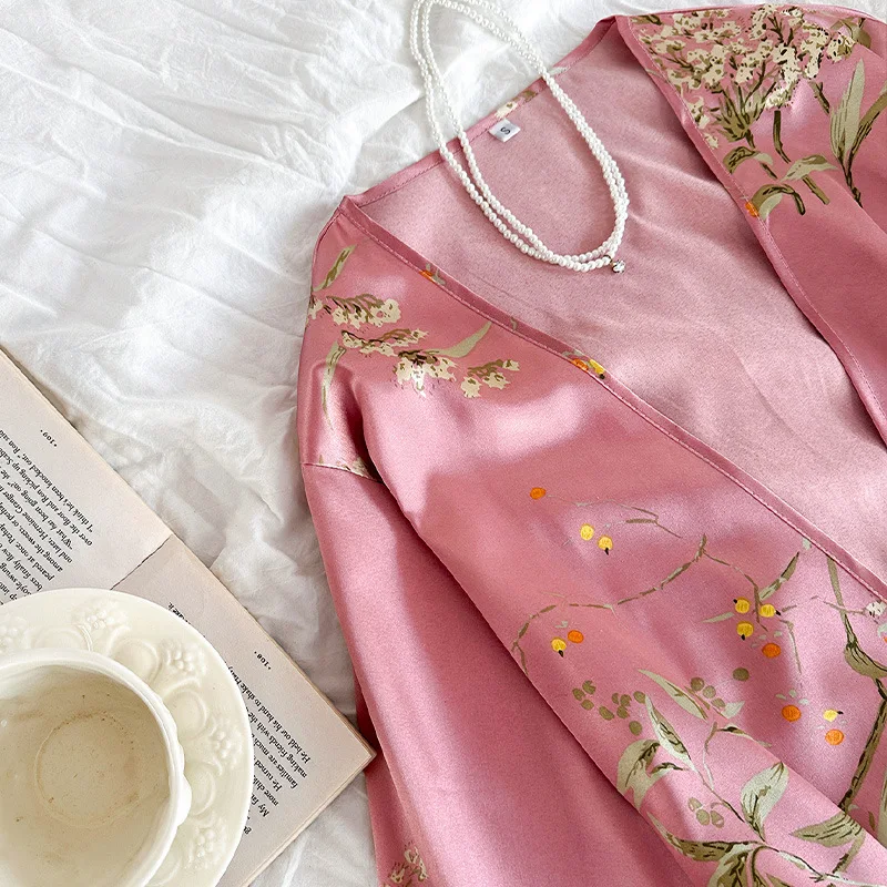 Pink Cherry Print Robe Ice Silk Kimono Nightgown Lady Sexy Homewear Loose Intimate Lingerie Autumn Spring Loungewear Bathrobe