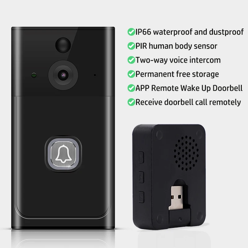 Уличный беспроводной дверной звонок Tuya, умное видео, Wi-Fi, камера дверного звонка, PIR, обнаружение движения, ночное видение, удаленный сотовый телефон, активный пробуждение Уличный беспроводной дверной звонок Tuya, умное видео, Wi-Fi, камера дверного звонка, PIR, обнаружение движения, ночное видение, удаленный сотовый телефон, активный пробуждение