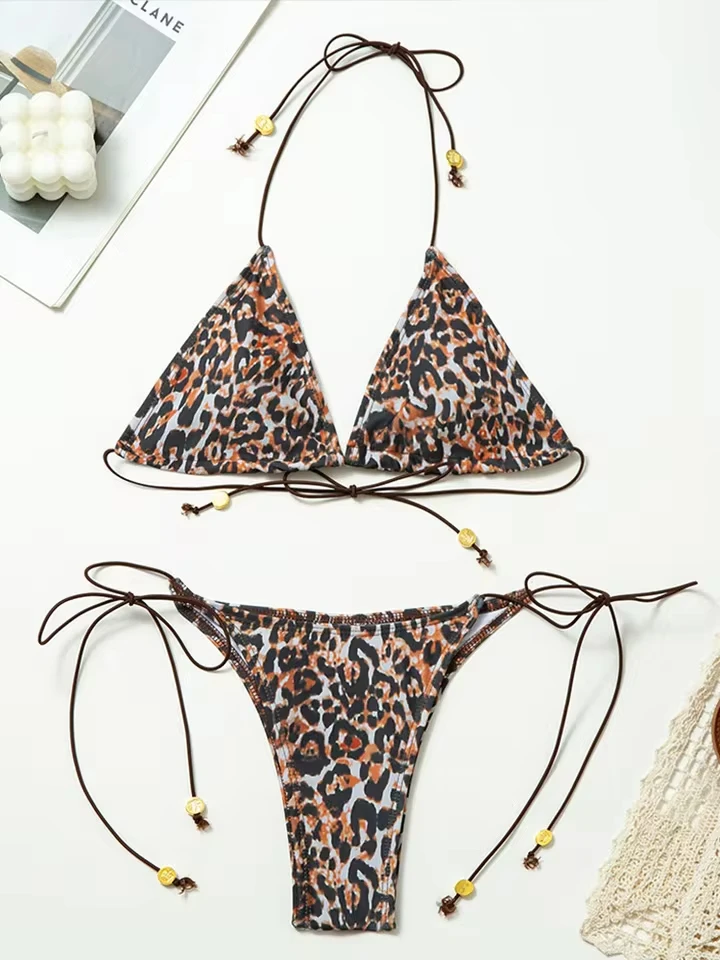 Vzvn 2025 New Summer Swimwear Bikini Set Sexy Leopard Laced Up Bikini 2 Piece Set Women Split Swimsuit Backless Beach Bikini