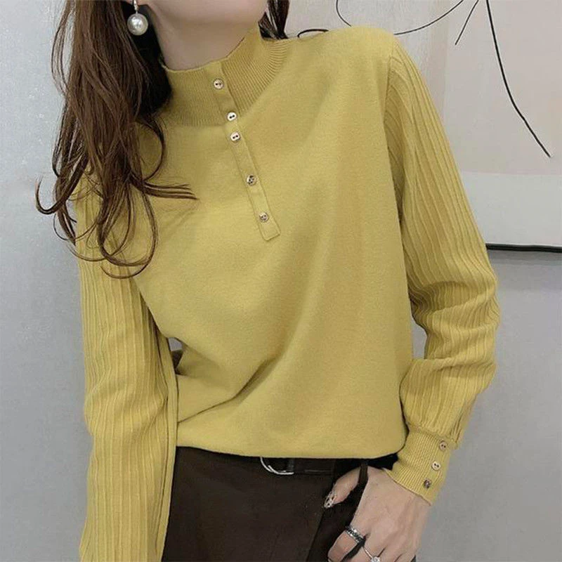 Autumn Winter Half High Collar Elegant Fashion Solid Bottoming Sweater Female Lantern Sleeve Knitting Jumper Loose Pullover Top