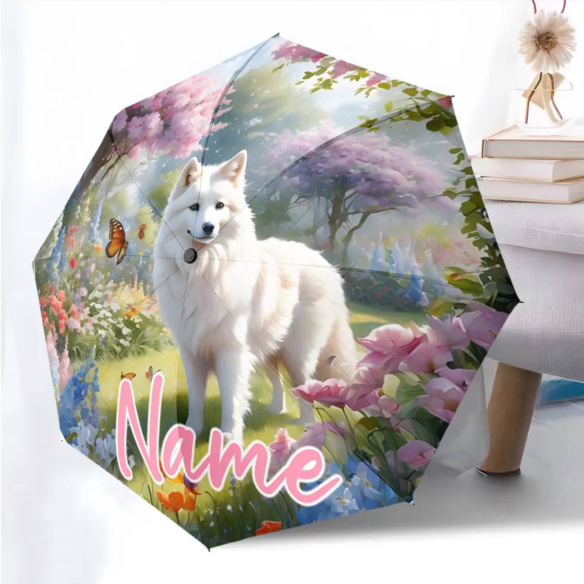 Custom Name White Wolf in Enchanted Garden Design Umbrella Print 8 Iron Ribs Folding Umbrella Auto-Open Fashion Sunshade