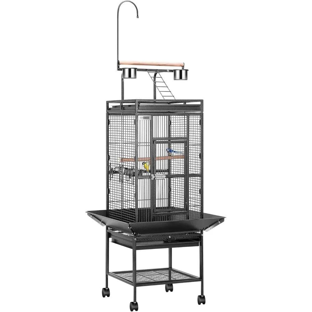 Birdcage, 72 Inch Forged Iron Large Birdcage with Game Top and Parrot Stand, Black Product Dimensions 26