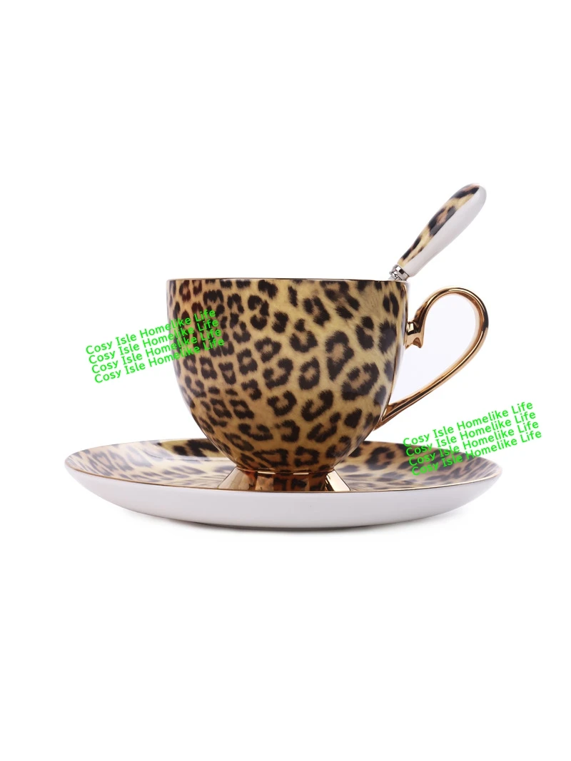 

Gold Color Bone China Leopard Coffee Cup Saucer Set Fashion Ceramic Festival Gift Porcelain Milk Tea Mug High Quality Drinkware