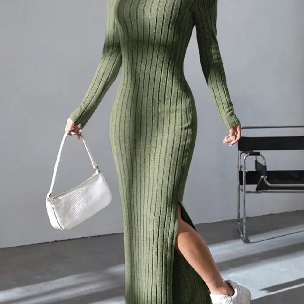 Autumn Slim Fit Long Dress Women Lapel Collar Long Sleeve Bodycon Knit Casual Elegant Office Commuting Party Wear