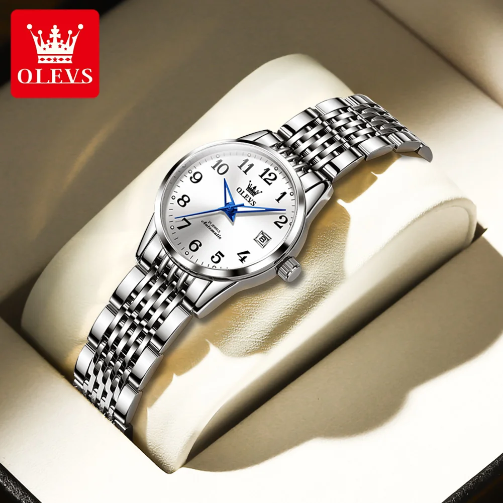 OLEVS Brands Simple Women Mechanical Watch Luxury Stainless Steel Waterproof Luminous Calendar Automatic Watch for Women Gift