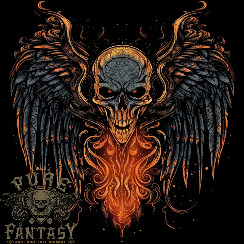 

Fallen Angel Skull Demon Wing Flames Mens Cotton T-Shirt Tee Top