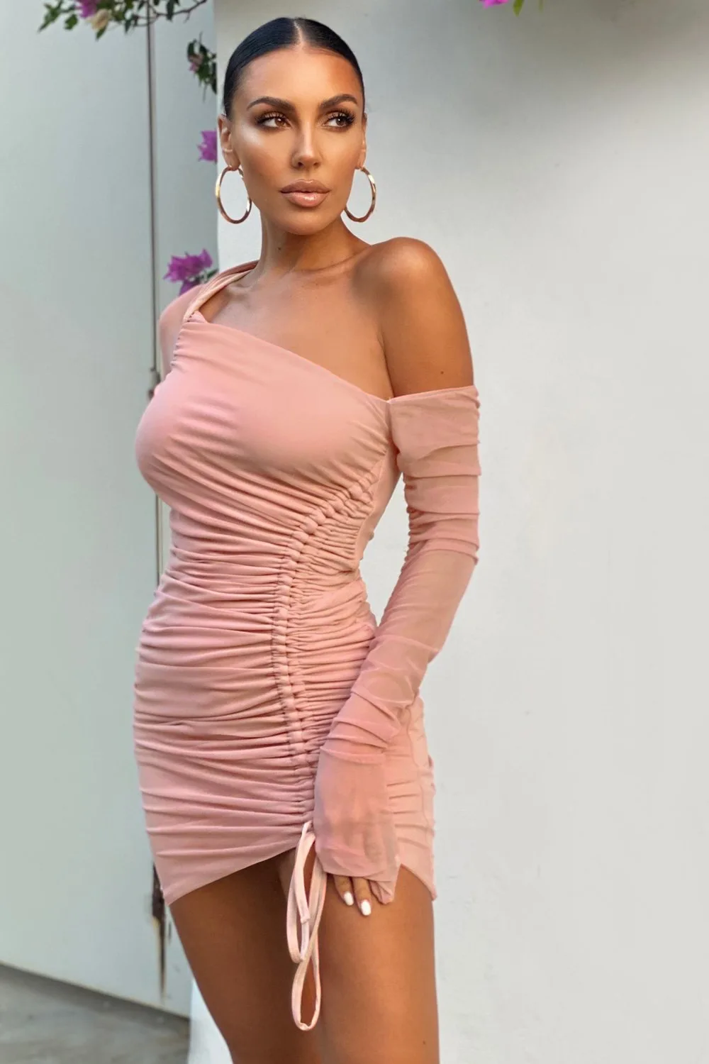 Women Dress One Shoulder Long Sleeve Ruched Side Drawstring Irregular Bodycon Party Night Club Women Mini Dress