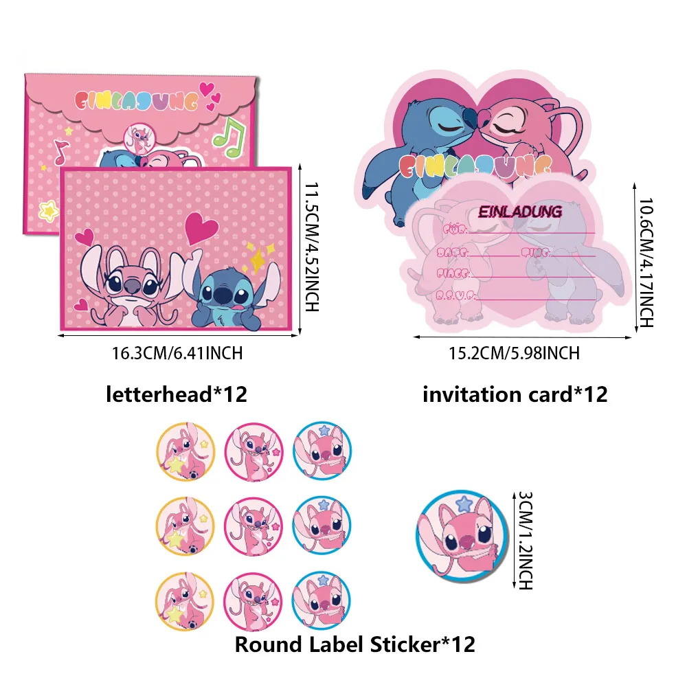 12Sets Disney Officially Licensed Stitch Angel Cute Pink Theme Birthday Party Invitation Card Envelope Invitation Postcard (With
