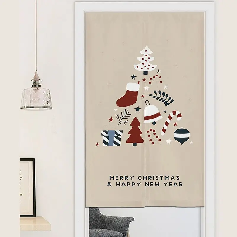 VIKAMA Christmas Door Curtain Tree Sock Bell Candy Cane Print Half Curtain Room Divider Kitchen Bedroom Holiday Festive Home