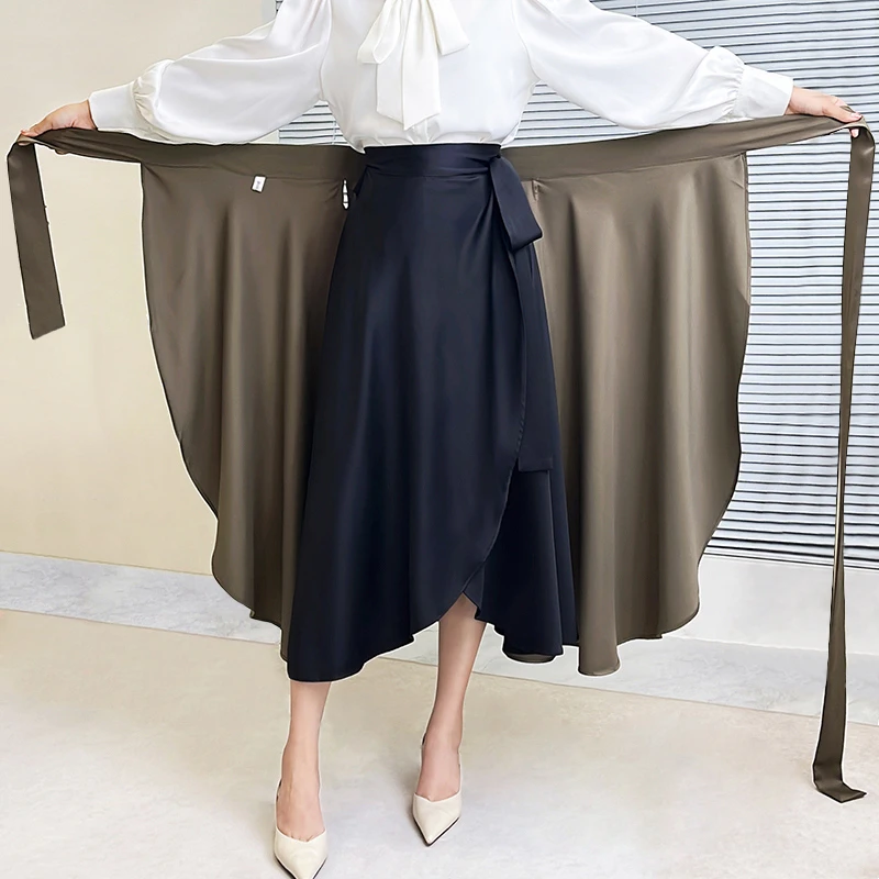 2026 الخريف مكتب سيدة أنيقة خمر الدانتيل يصل التنانير الحرير الاصطناعي الربيع النمط الفرنسي أنيقة مثير حمض الخليك الساتان تنورة