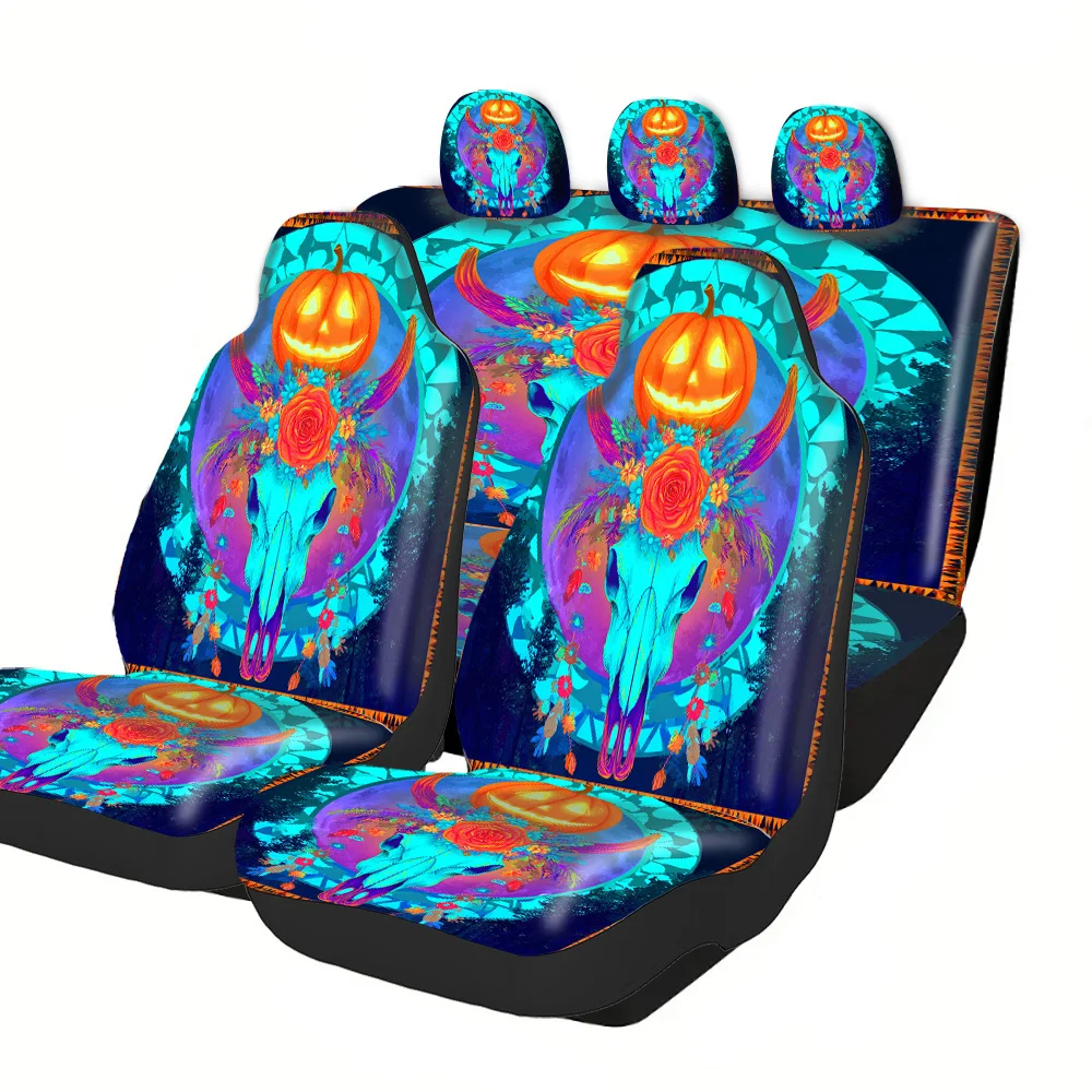 2-5 Seat Set Car Seat Covers Premium Fit Trendy Pumpkin Light Bull Skull Design Heavy Duty Protection For Truck SUV Off-road Ca
