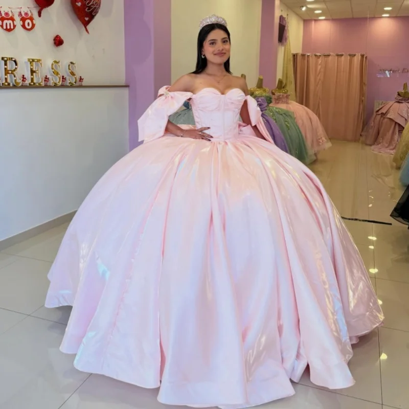 

Bright Pink Surface Quinceanera Dresses Off the Shoulder Decal Long tail Bow Vestido De 15 Quinceanera Customize