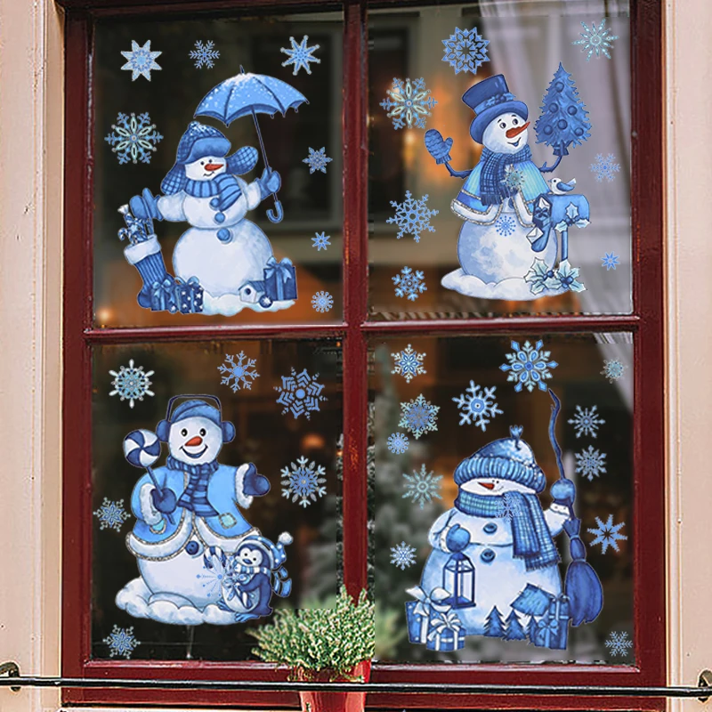 

9sheets Blue Santa Claus Snowman Snowflake Glass Window Sticker Kids Room Cartoon Sticker Gifts Xmas Decor New Year 2025 Navidad