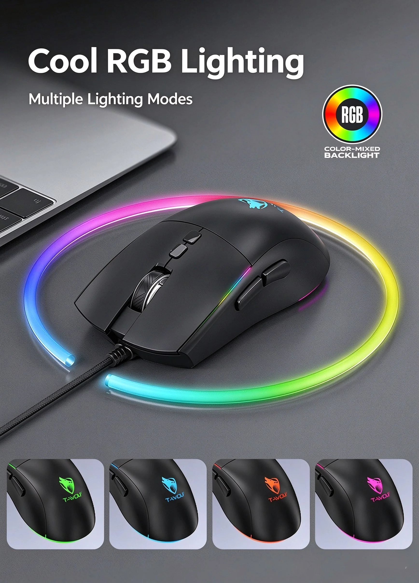 T-WOLF G510 Wired Gaming Mouse, RGB Backlit, 1000Hz Polling Rate, 7 Buttons, High-Performance USB Esports Mouse for PC Laptop