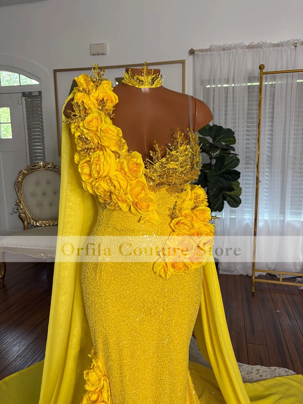 Yellow Sequined Prom Dress Mermaid Evening Gown One Shoulder Flowers Beads Birthday Birthday Party Customized