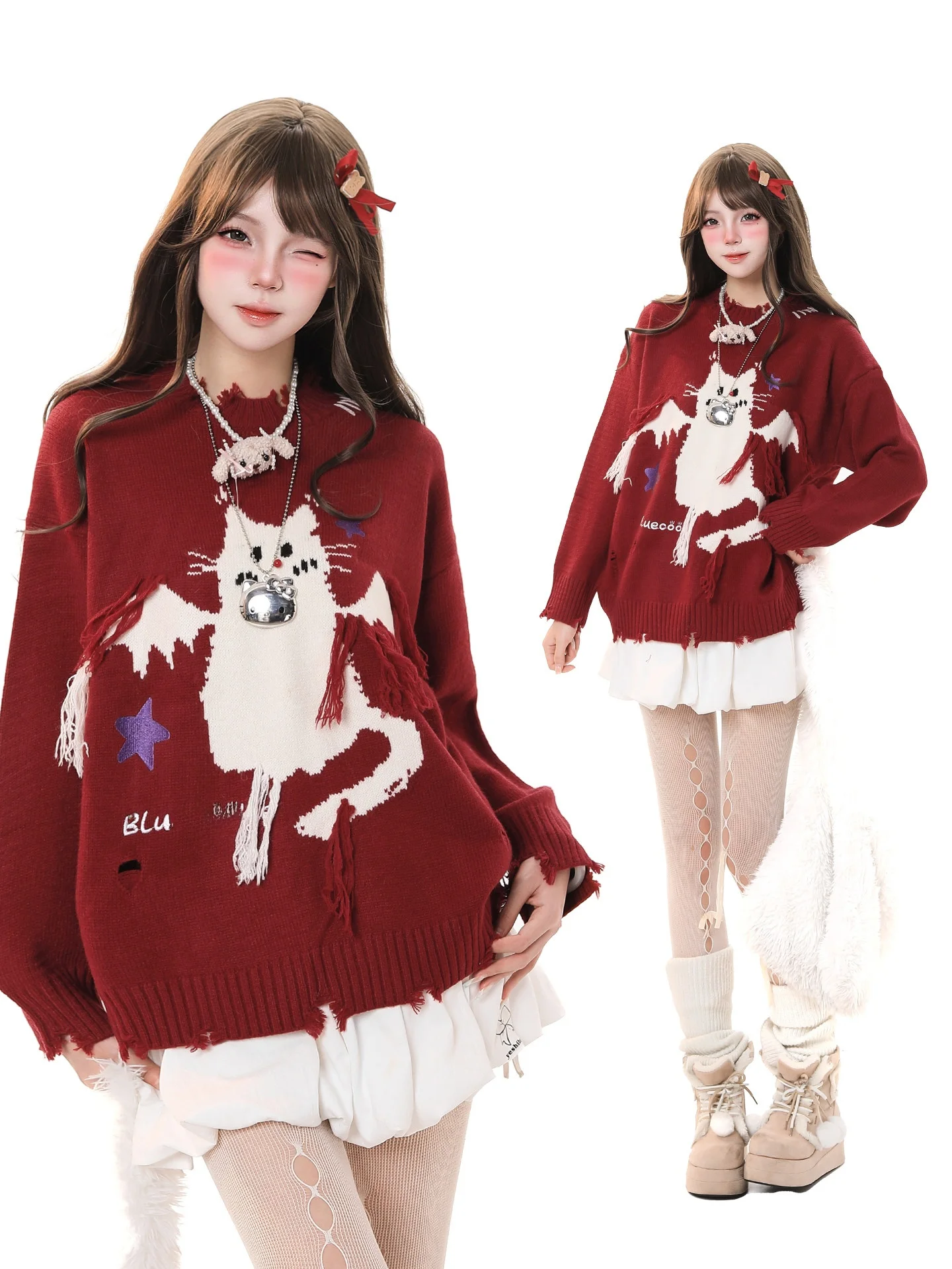 Red Knitted Sweater Women's Loose Fit round Neck Cartoon Embroidery Warm Versatile Autumn Winter Fashion Sweet Style Long Sleeve
