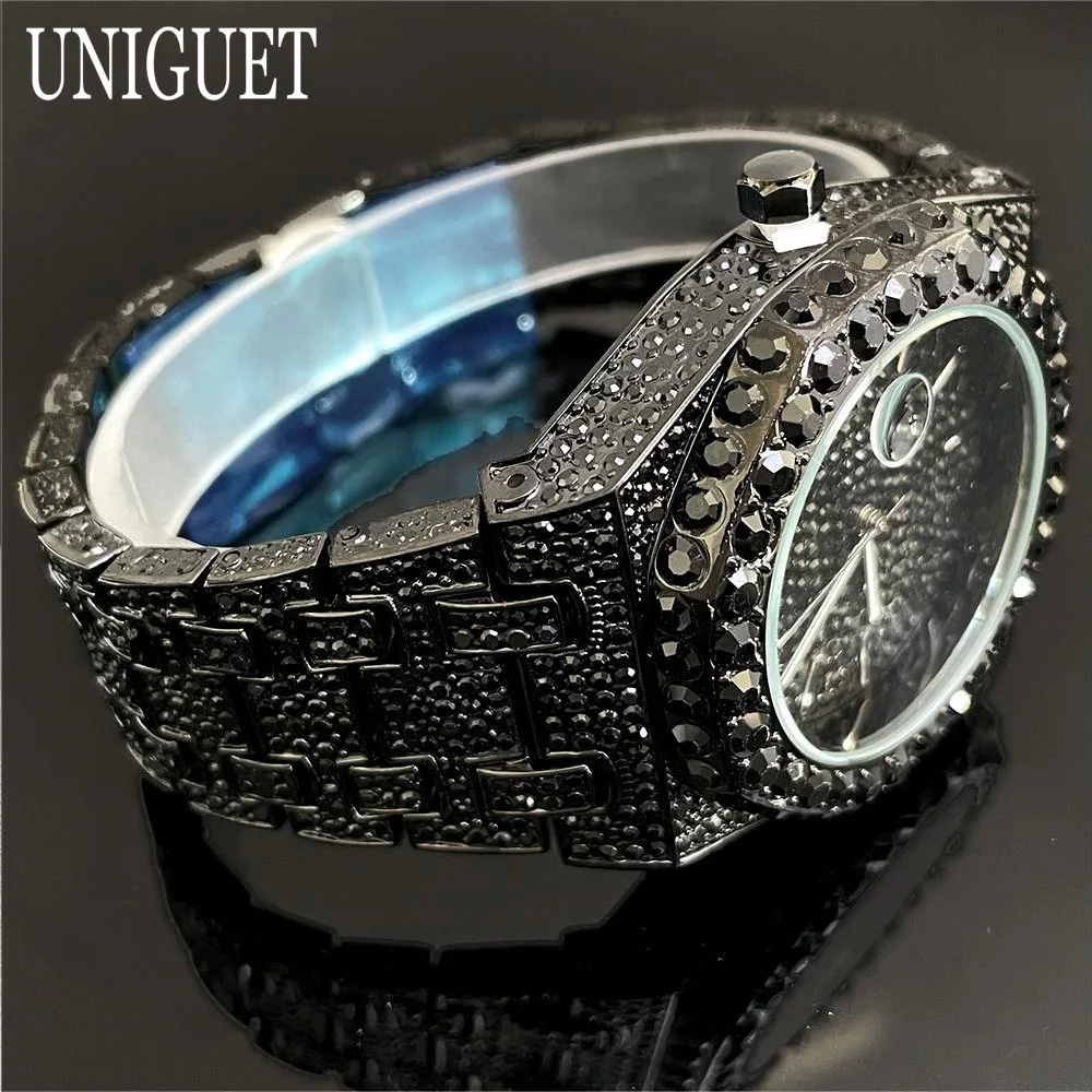 UNIGUET Cool Black Watch For Men Luxury Stainless Steel Quartz Watches Fashion Hip Hop Iced Diamond Wristwatch Man Dropshipping