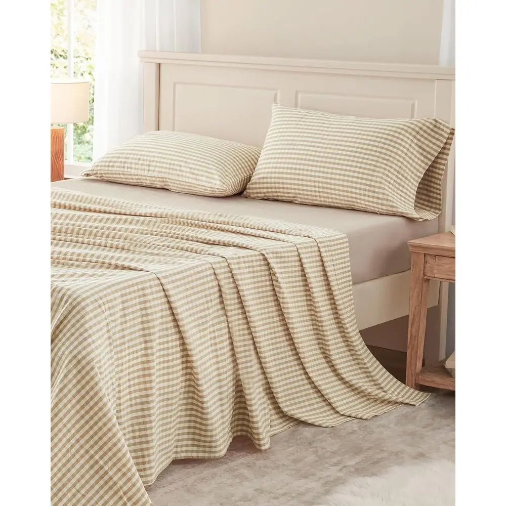 

100% Washed Cotton Gingham King Bed Sheets - 4-Piece Set, Breathable, Durable, 15 Pocket - Beige Check