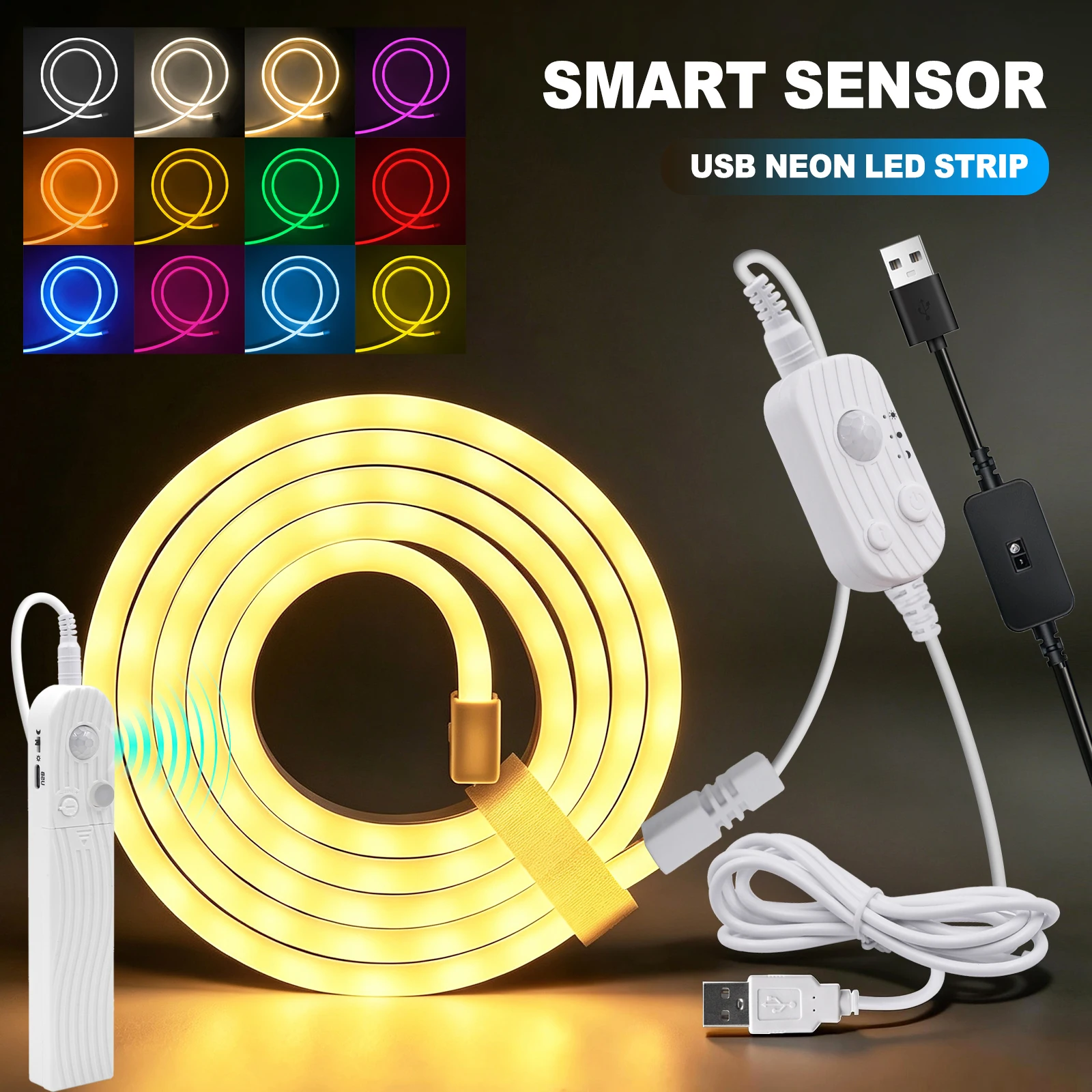 Motion Sensor 5V LED Neon Waterproof USB Battery Power/Hand Sweep Strip Light Flexible Tape 11 Colors for Under Cabinet Kitchen