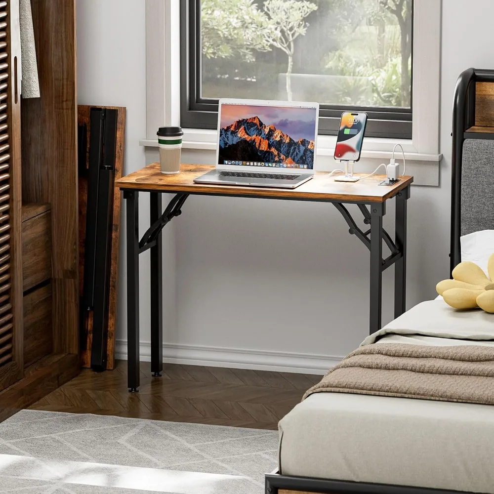 طاولة كمبيوتر صغيرة قابلة للطي TEMI - بدون تجميع، مكتب مدمج قابل للطي 35.8 مع منافذ طاقة ومنفذ شحن USB، محمول #2