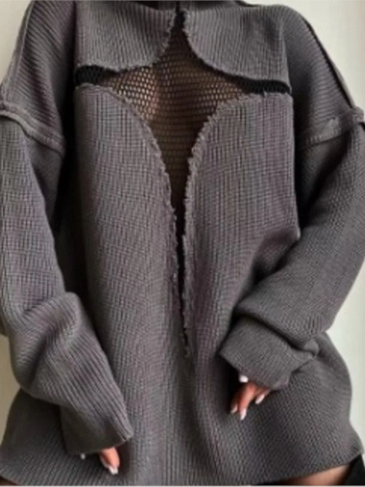 Maglione da donna oversize lavorato a maglia Pullover dolcevita a maniche lunghe scavato sexy Top larghi casual Maglioni autunno inverno Donna