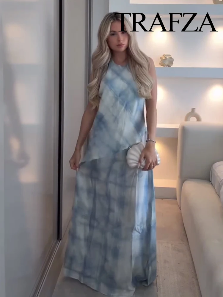 

TRAFZA Summer Female Fashion Sexy Sleeveless Backless Slim Long Dress Women Blue Checkered Print Neck Halter Casual Dress Mujer