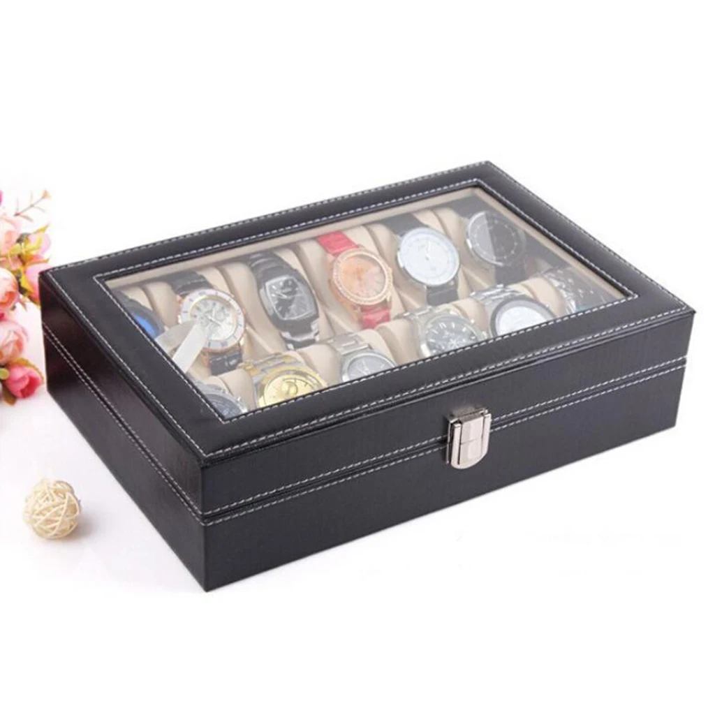 Caja de reloj de PU Retro con 10 ranuras, organizador de exhibición para hombres y mujeres, caja de PU brillante con almohadas de cuero suave