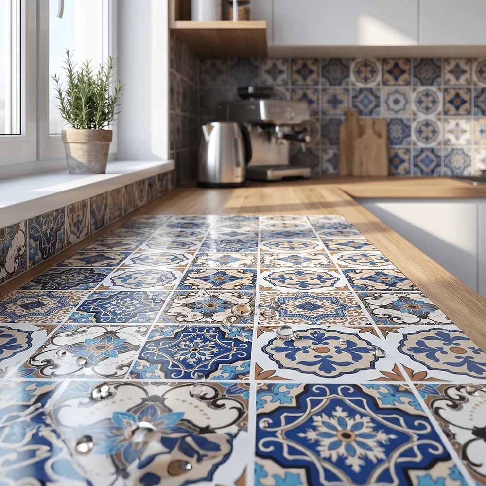 Blue Brown Spanish Talavera Tile Peel & Stick Wallpaper, PVC Self-Adhesive Contact Paper for Kitchen Backsplash & Bathroom Decor view 5