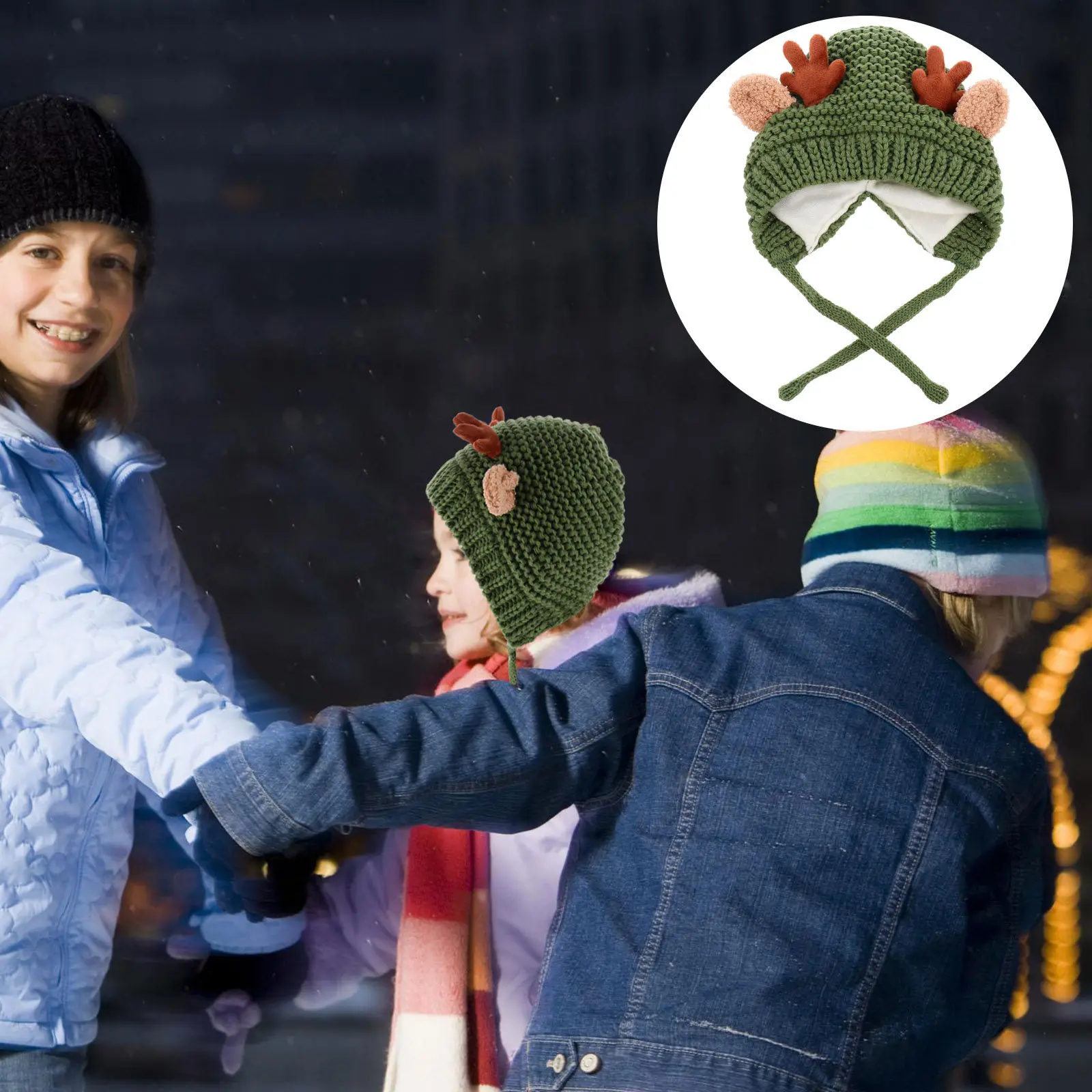 

1Pcs Antler Hat Knitted Christmas Winter Hat for Kids Warm Cozy Baby Cap Adjustable Lacing Cute Xmas Gift Outdoor Cold Weather
