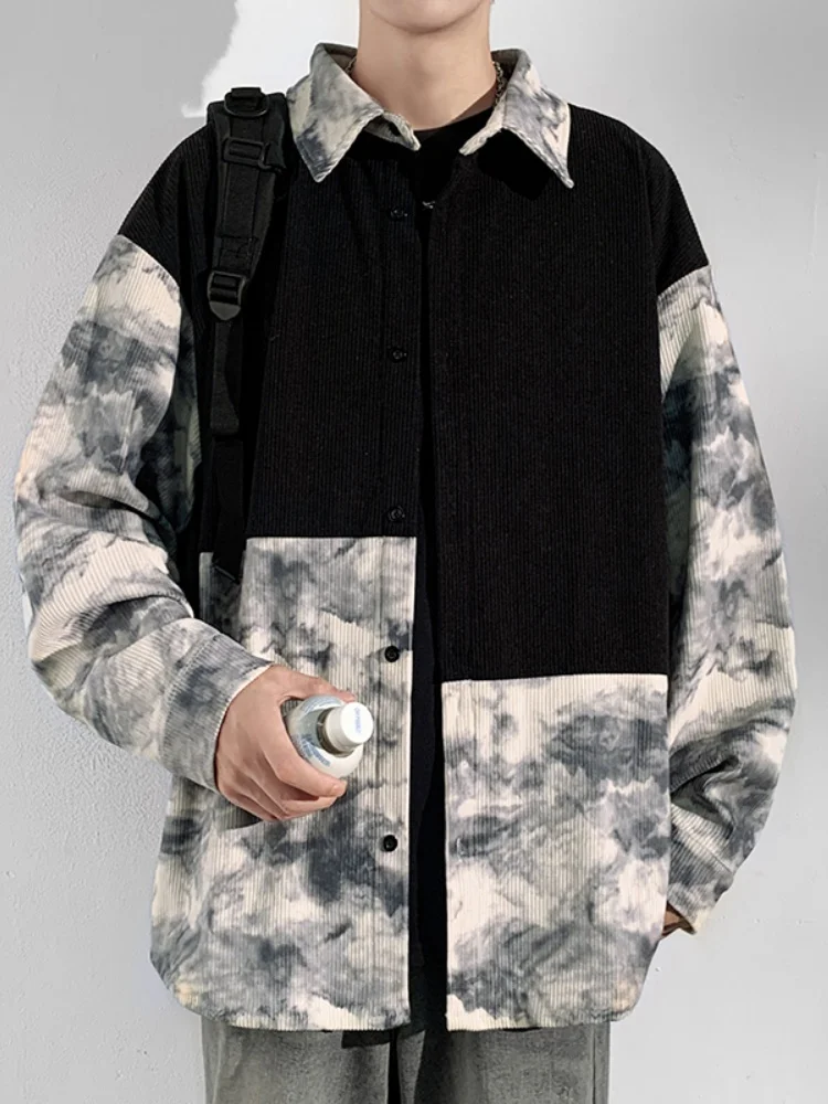 

Corduroy Long Sve irt Men's Loose Fit Collared Spring Outerwear Large Size Patchwork Design Button Detailing Chinese Sle