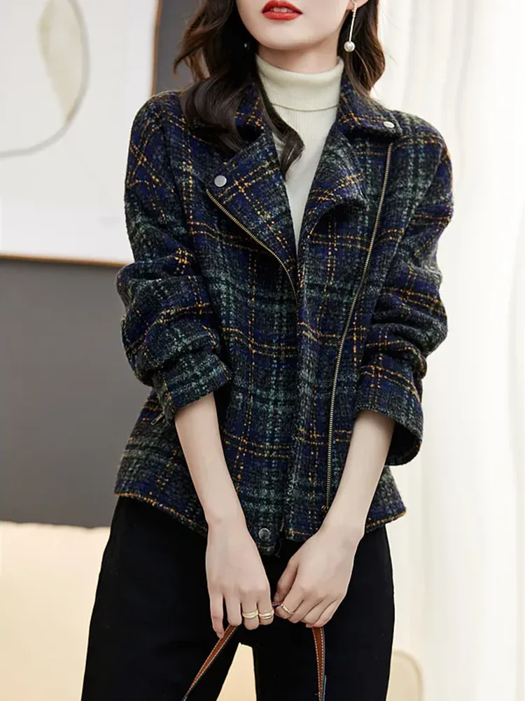 Giacche di lana con risvolto Casual da donna top moda coreana con cerniera manica lunga cappotti in misto lana Plaid sciolto elegante Abrigos Blusas