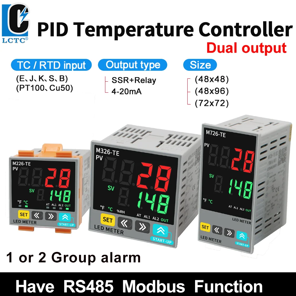 LCTC PID Temperature Controller TC/RTD Sensor Input SSR+Relay/4-20mA Dual Output Digital Thermostat With RS485 Modbus Function
